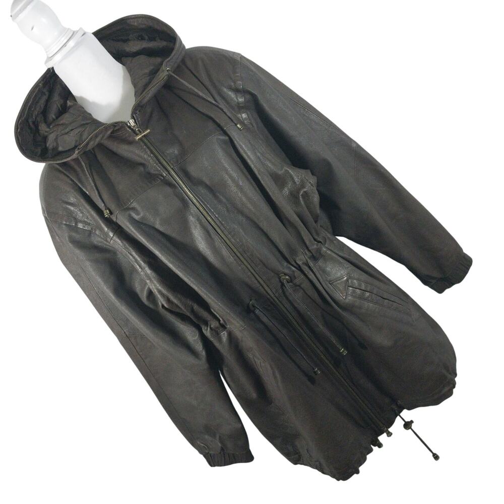 VENEZIA! ESPRESSO BROWN GENUINE LEATHER DRAWSTRING WAIST HOODED JACKET! SZ 14/16